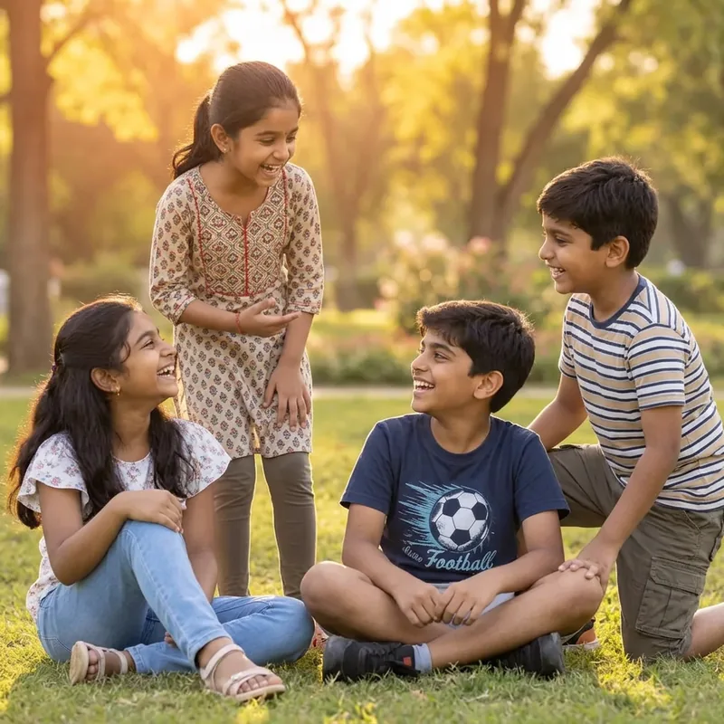 Four 11-year-old friends talking and laughing together in a park