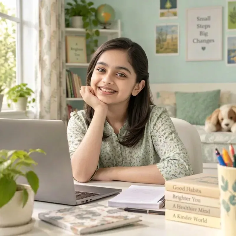 Smiling 11-year-old girl learning at her desk