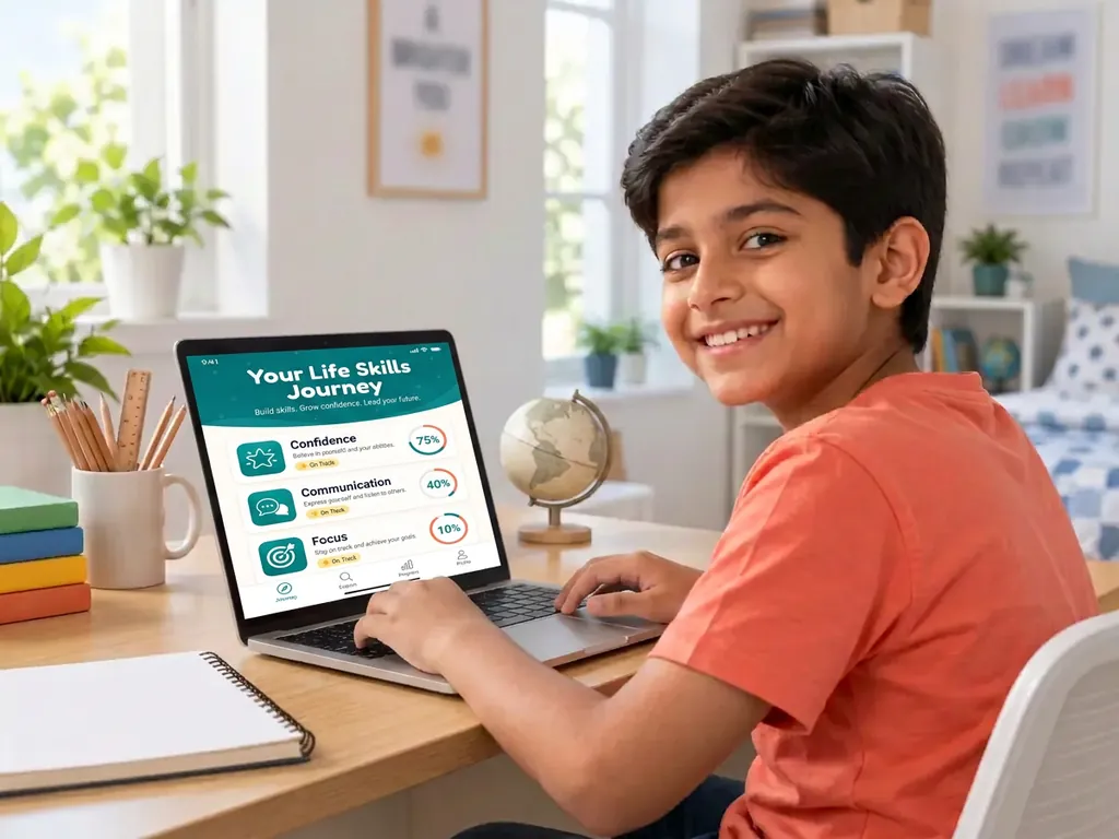 Smiling Indian boy using a laptop showing the LeadXkids learning dashboard