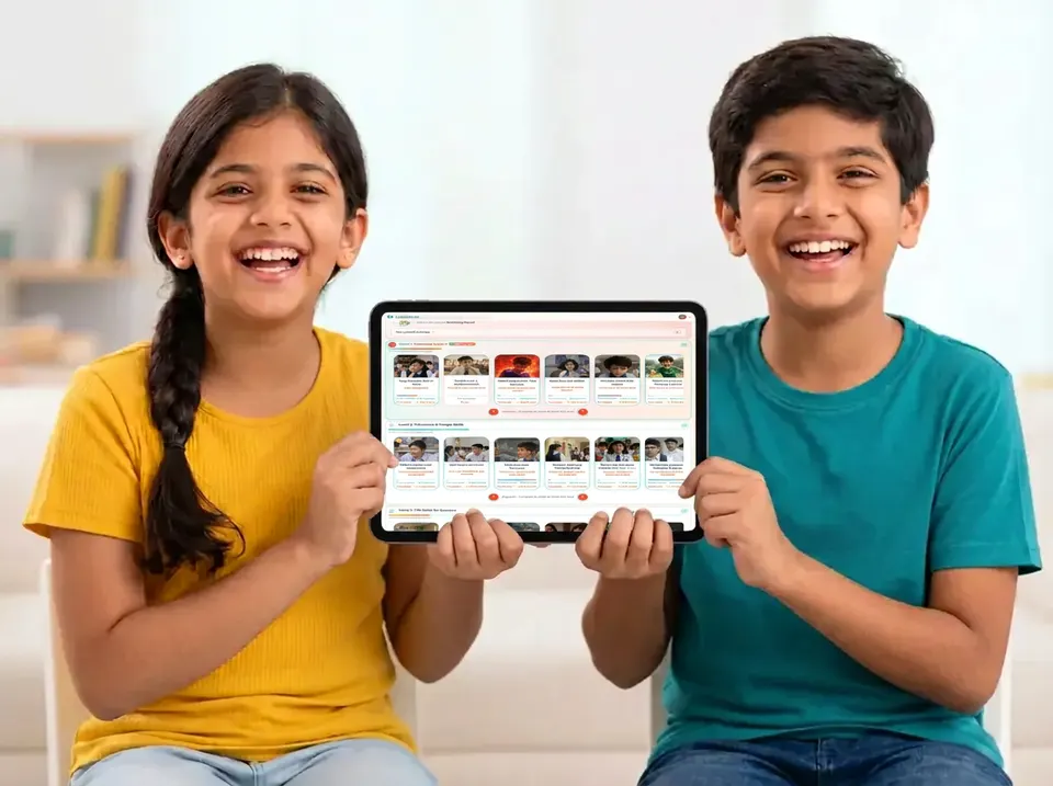 Two children using the LeadXkids learning dashboard on a tablet